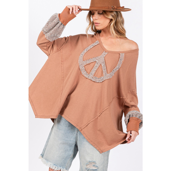 Sage + Fig Tops - SAGE + FIG Oversized Peace Sign Mineral Wash Terry Top